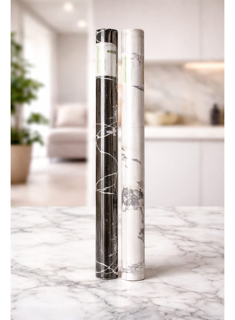 ورق حائط لاصق ذاتي بنقشة رخام 60 سم× 5 متر – أسود + جراي هدية - Image 1